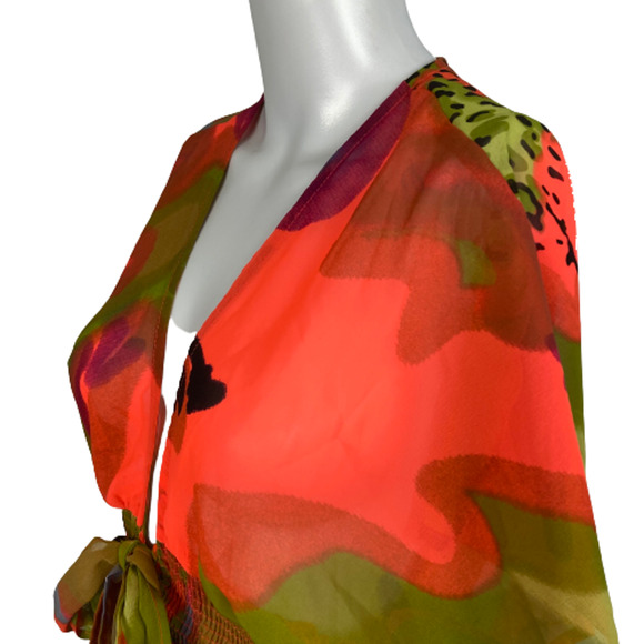 NWT‎ America & Beyond Dress Womens S Green Pink V-Neck Tie Smocked Waist A-Line - Picture 2 of 12